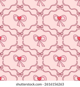 Coquette ribbon bow frame seamless pattern. Romantic doodle print for fabric, paper, textile. Hand drawn vector illustration.

