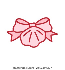 Coquette ribbon bow with sea shell. Pink holiday clipart. Vintage summer beach vibe. Decorative element. Whimsical isolated illustration