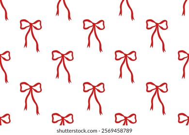 Coquette ribbon bow seamless pattern. Christmas pattern with red bows. Template for greeting card, cover, phone case, wallpaper, background, banner. Valentine s day coquette Vector illustration