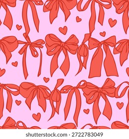 Coquette fita arco padrão sem emenda. Fundo de padrão feminino desenhado à mão vermelho com grinalda de arcos e corações. Design romântico. Perfeito para um adorável e fantástico Valentines Dia de Fundo.