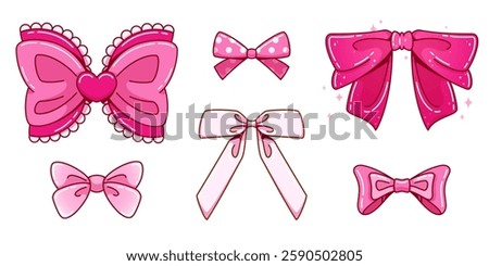 Coquette ribbon bows set isolated on white background. Vector cartoon illustration of y2k vintage hair accessory, pink decoration for romantic gift box, retro wedding or birthday card design element