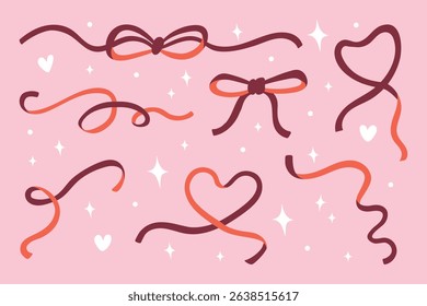 Coquette ribbon bows vector illustration. Set of romantic girly accessories. Cute trendy vintage drawing. 