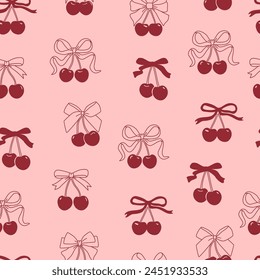 Coquette ribbon bowwith cherries. Cute trendy line art doodles. Seamless pattern. Vector