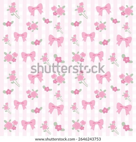 Coquette Ribbon and Flower Seamless Pattern on Stripe Background.Cute Pink Bow Repeat Design for Fabric, paper.