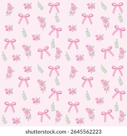 Coquette fita flor padrão sem costura.Cute girly arco e fundo pastel floral projeto