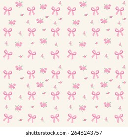 Coquette fita flor padrão sem costura.Cute girly arco e fundo pastel floral projeto