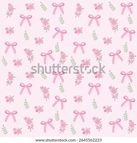 Coquette Ribbon Flower Seamless Pattern.Cute Girly Bow and Floral Pastel Background Design