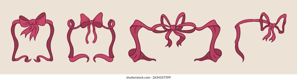 Coquette ribbon frame set - decorative bow borders, vintage scroll elements. Retro feminine ornaments, girly pink decor. Elegant filigree swirls, curly motifs for wedding invitations, greeting cards.