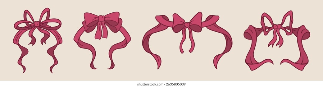 Coquette ribbon frame set - decorative bow borders, vintage scroll elements. Retro feminine ornaments, girly pink decor. Elegant filigree swirls, curly motifs for wedding invitations, greeting cards.