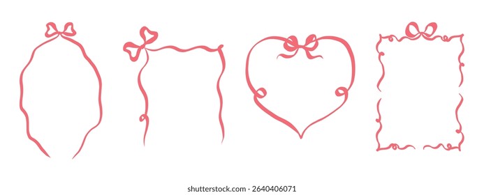 Coquette ribbon frames with bow. Hand drawn whimsical lace borders in simple crayon and sketch style. Trendy art for bachelorette party and wedding invitations. Doodle lineart vector illustration