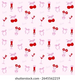 Coquette Ribbon and Wine Glass Seamless Pattern.Romantic Pink Repeat Design for Party, Fabric, and Gift Wrapping.