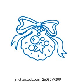 Coquette sea shell and ribbon bow with seastar, pearls. Hand drawn blue ink holiday clipart. Vintage summer beach vibe. Marine decorative element. Vector isolated illustration