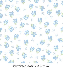 coquette seamless blue flowers pattern. Delicate petals and vibrant blossoms create an artistic and vintage botanical illustration. Perfect for wallpaper, fabric, wrapping paper and more.