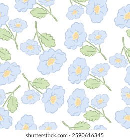 coquette seamless blue flowers pattern. Delicate petals and vibrant blossoms create an artistic and vintage botanical illustration. Perfect for wallpaper, fabric, wrapping paper and more.