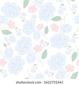 coquette seamless blue and pink flowers pattern. Delicate petals and vibrant blossoms create an artistic and vintage botanical illustration. Perfect for wallpaper, fabric, wrapping paper and more.