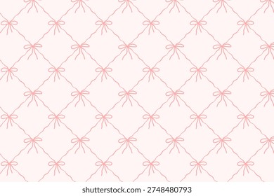 Coquette Seamless bow pattern with delicate ribbon grid, soft pastel background, elegant minimal ornament for wrapping, fabric and wedding design  