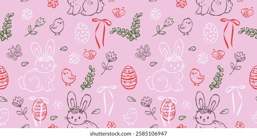 Coquette seamless Easter pattern with bunnies, flowers, eggs, and ribbons, hand drawn sketch line art, minimalistic style, ink illustration. Perfect for spring designs, greetings, or festive design