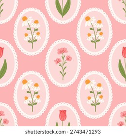 Coquette seamless floral pattern with hand drawn beautiful flowers in decorative frames. Spring summer preppy vintage print. Vector illustration for wrapping paper, baby clothes, wallpaper.