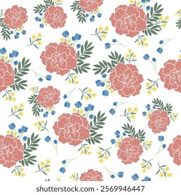 coquette seamless flowers pattern. Delicate petals and vibrant blossoms create an artistic and vintage botanical illustration. Perfect for wallpaper, fabric, wrapping paper and more.