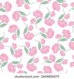 coquette seamless flowers pattern. Delicate petals and vibrant blossoms create an artistic and vintage botanical illustration. Perfect for wallpaper, fabric, wrapping paper and more.