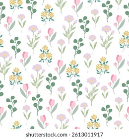 coquette seamless flowers pattern. Delicate petals and vibrant blossoms create an artistic and vintage botanical illustration. Perfect for wallpaper, fabric, wrapping paper and more.