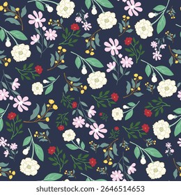 coquette seamless flowers pattern. Delicate petals and vibrant blossoms create an artistic and vintage botanical illustration. Perfect for wallpaper, fabric, wrapping paper and more.