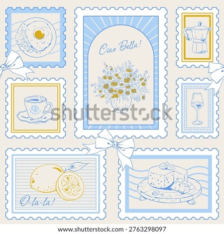 Coquette seamless french breakfast pattern in yellow and blue line art style. Hand drawn food motif with coffee and lemon as cute bakery scene cheese board. Whimsical morning background for cafe menu