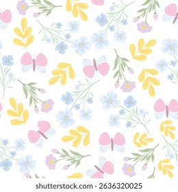 coquette seamless pastel flowers and butterfly pattern. Delicate petals and vibrant blossoms create an artistic and vintage botanical illustration. 