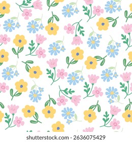 coquette seamless pastel flowers pattern. Delicate petals and vibrant blossoms create an artistic and vintage botanical illustration. Perfect for wallpaper, fabric, wrapping paper and more.