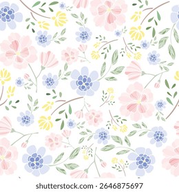 coquette seamless pastel flowers pattern. Delicate petals and vibrant blossoms create an artistic and vintage botanical illustration. Perfect for wallpaper, fabric, wrapping paper and more.