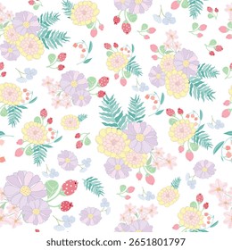 Coquette sin patrón de flores pastel. Delicados pétalos y flores vibrantes crean una ilustración botánica artística y vintage. Perfecto para el Fondo de pantalla, la tela, el papel de embalaje y más.
