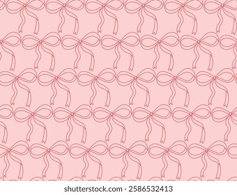 Coquette seamless pattern background with cute bow with long ribbon. Contour line outline hand drawn repeat minimalist red print. over pink backdrop