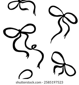 Coquette seamless pattern Black Ribbon Bow. Pretty Girly bows on white background. Trendy feminine romantic art for greeting cards, textile, fabric, wallpaper, wrapping. Vector Illustration.