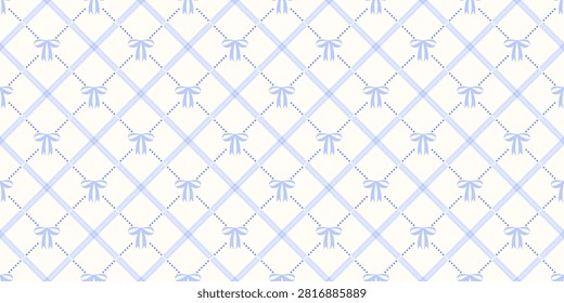 Coquette seamless pattern blue bow with ribbons on pastel backdrop. Checkered wrapping paper background for birthday or holiday. Cute repeat wallpaper texture. Vector illustration
