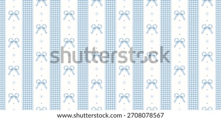 Coquette seamless pattern blue bow and ribbon. Gingham vintage wrapping paper background for birthday and holiday. Cute repeat wallpaper texture. Lace stripes plaid fabric. Vector illustration