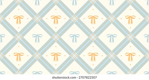 Coquette seamless pattern blue and yellow bow with ribbon on beige backdrop. Checkered wrapping paper background for birthday, holiday and Christmas. Cute repeat wallpaper texture. Vector illustration