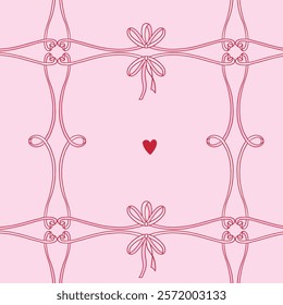 Coquette seamless pattern with bows making checkered background. Linear bows and thin ribbons on pink background. Festive design for Valentines gift wrapping paper. Vector illustration.