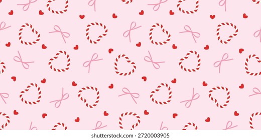 Coquette seamless pattern with candy-cane striped hearts pink hand-drawn bows, and tiny solid red hearts scattered across a soft pastel pink background perfect for Valentine’s Day stationery, textile prints, gift wrapping, and sweet-themed digital wallpapers.