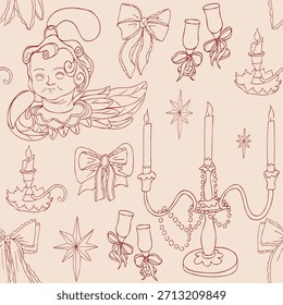 Coquette nahtloses Muster mit Cherub-Engel, Schleifen, Kerzenhalter im Vintage-Konturstil. Whimsical Print zum Valentinstag. Handgezeichnete Vektorgrafik für Verpackung, Umhüllungspapier
