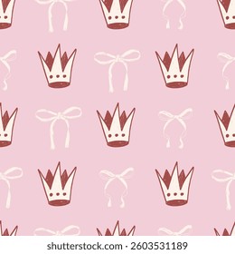 Coquette seamless pattern. Crown and ribbons marker endless background. Bow and royal sing repeat cover. Crayon continuous ornament. Surface pattern design ribbon. Vector hand drawn illustration.