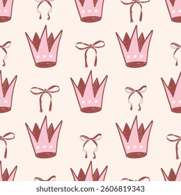 Coquette seamless pattern. Crown and ribbons marker endless background. Bow and royal sing repeat cover. Crayon continuous ornament. Surface pattern design ribbon motif Vector hand drawn queen bg.