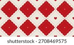 Coquette seamless pattern with cute lace and red hearts. Vintage gift wrapping paper for Valentine, Christmas and birthday. Diamond shaped preppy background. Vector illustration