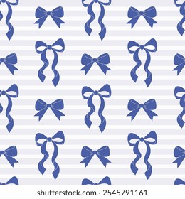 Coquette sem costura padrão azul escuro laço fita no fundo listrado branco. Design de acessórios de meninas estéticas na moda. Ilustração vetorial