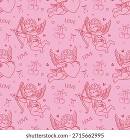 Coqueta sin patrón con garabatos dibujados a mano corazones, Cupido, cereza, cinta y arcos sobre fondo rosa. Preppy fondo para el día de San Valentín, tela, impresiones, Fondo de pantalla o papel de regalo.