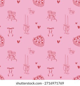 Coquette seamless pattern with hand drawn hearts, cake, glasses of champagne, roses, candles ribbon and bows on pink background. Preppy for Valentine's day, fabric, prints, wallpaper or wrapping paper