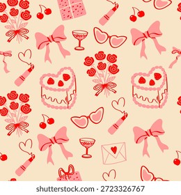 Coqueta sin patrón con corazones dibujados a mano, pastel, vasos de champán, rosas, vasos, lápiz labial, regalo y arcos. Preppy para el día de San Valentín, estampados, tela, Fondo de pantalla o papel de regalo