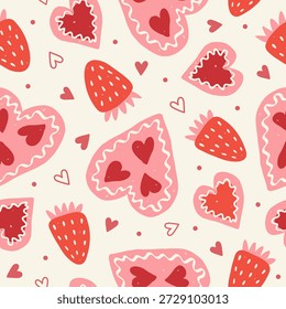 Coquette seamless pattern with hand drawn strawberry and decorative hearts. Cute girly background for Valentine day, wedding, holiday decor. Vector print  for wrapping paper, packaging, textile.