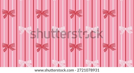 Coquette Seamless Pattern Hand Drawn Red and White Bows on Vertical Stripes Background. Holiday festive print for wrapping paper. Christmas and Valentines day. Vector illustration art