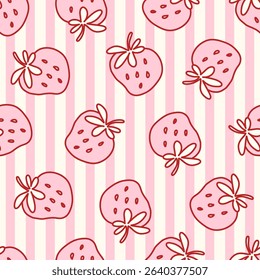 Coquette seamless pattern with hand-drawn strawberries on pink and white vertical stripes. Cute and girly background for scrapbooking, wrapping paper, digital paper, and Valentines decor.
