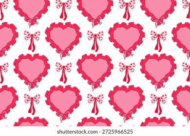Coquette Padrão sem emenda com formas de coração, arcos de fita em rosa e vermelho. Mão Menina desenhado Caprichoso BG. Para Dia dos Namorados, Casamento, Aniversário, Envolvimento, cartão de saudação, projeto temático do amor